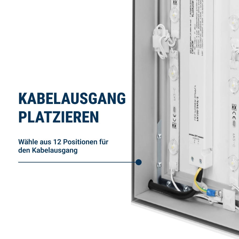 ProLight60 LED Spannrahmen – flexibler Kabelausgang mit 12 möglichen Positionen für optimale Installation. Der Aluminiumrahmen mit integrierter LED-Technologie ermöglicht eine individuelle Kabelführung für eine saubere und professionelle Wandmontage.