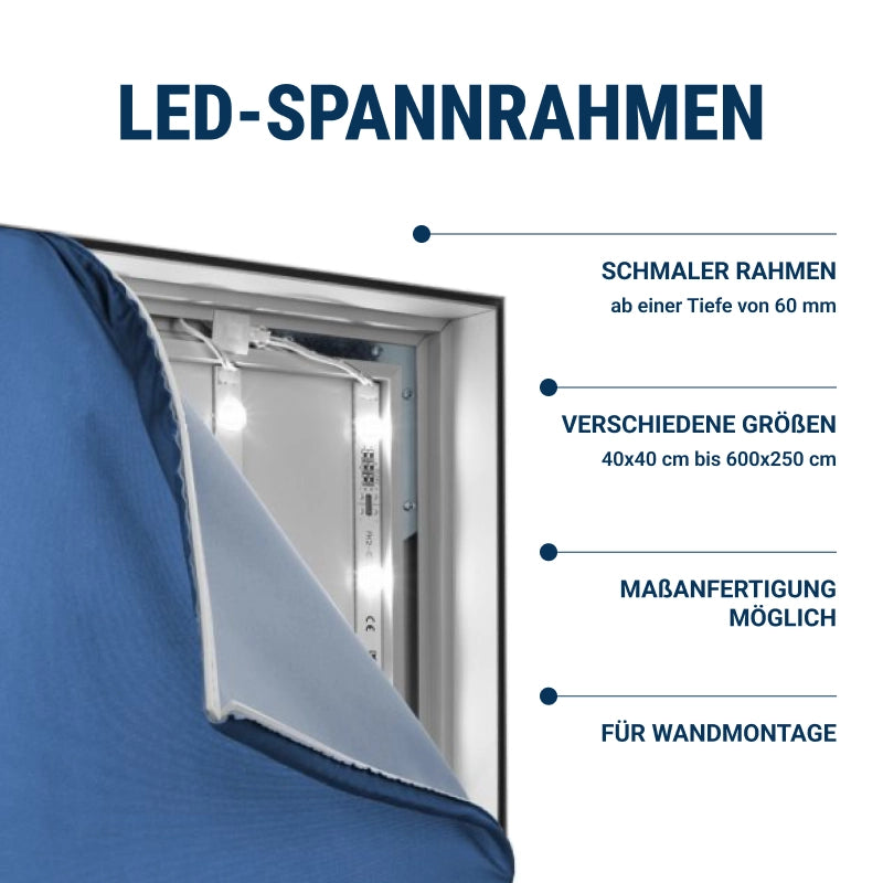 ProLight60 LED Spannrahmen – schlanker Aluminiumrahmen mit 60 mm Tiefe, ideal für hinterleuchtete Textilspannbanner. Erhältlich in verschiedenen Größen von 40x40 cm bis 600x250 cm, mit individueller Maßanfertigung möglich. Perfekt für die Wandmontage in Geschäften, Büros und auf Messen.