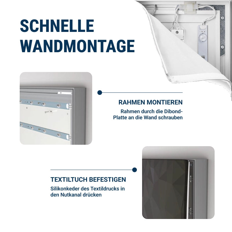 Schnelle Wandmontage eines Rahmens mit Textildruck. Der Rahmen wird durch eine Dibond-Platte an die Wand geschraubt, und das Textiltuch mit einem Silikonkeder in den Nutkanal gedrückt."