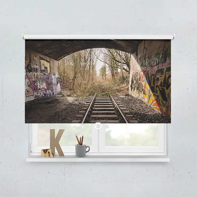 Springrollo Motiv Bahnschienen Endstation