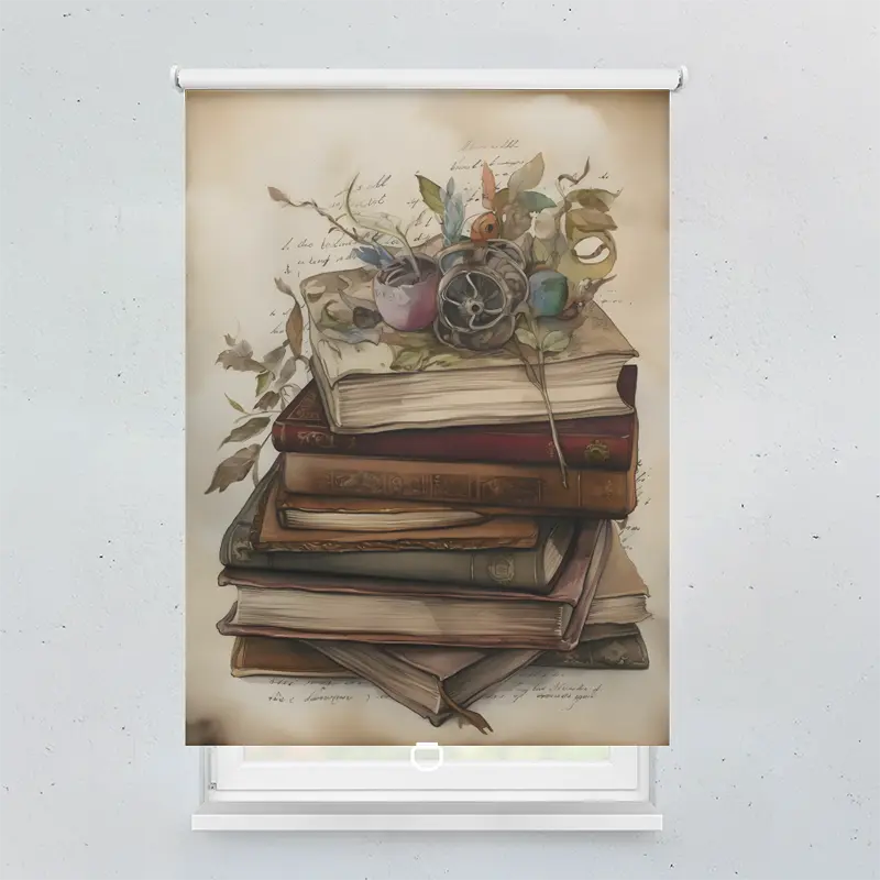 Spring Rollo Motiv Vorhang Buecher Stapel Vintage