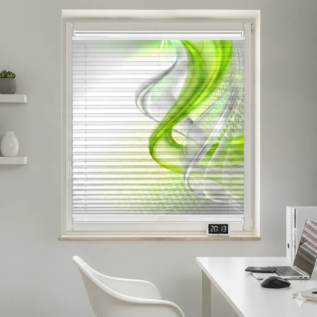 Arbeitszimmer mit abstrakten Motiv auf Plissee