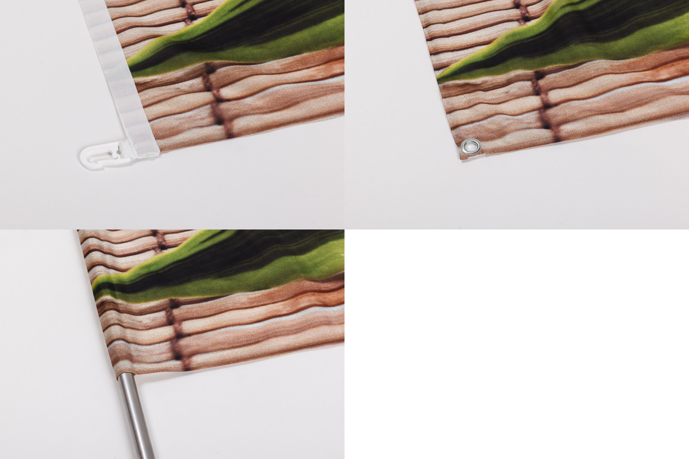 Collage mit Abbildungen von Ösen, Karabinerhaken und Hohlsaum für Fahnen