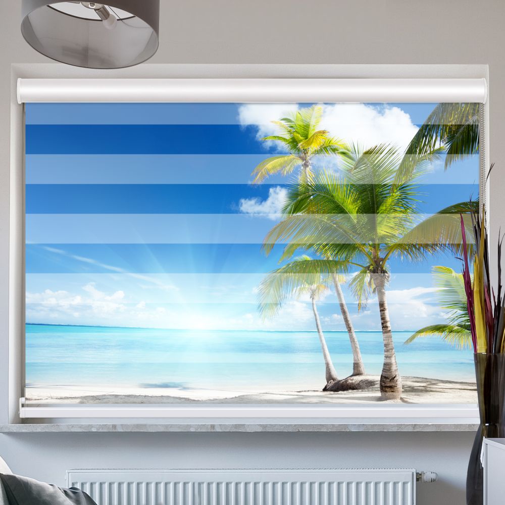 Doppelrollo mit Kassette Palmen Strand Sonne