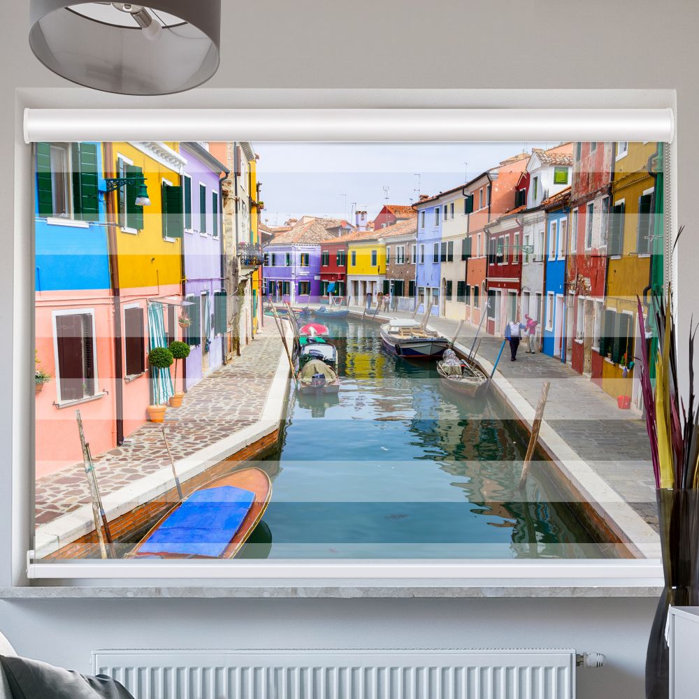 Doppelrollo mit Kassette Kanal Bunte Haeuser