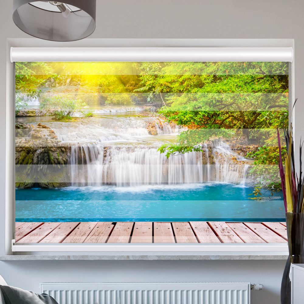 Doppelrollo mit Kassette Wald Wasserfall Steg