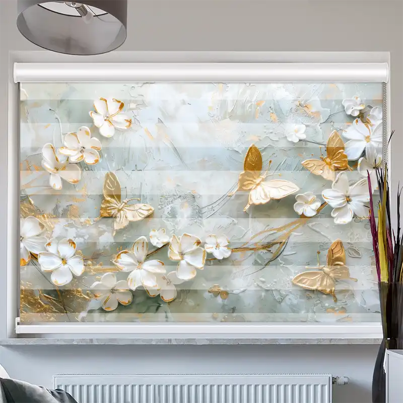 Doppelrollo Kassette Blumen Mit Schmetterlingen Weiss Gold