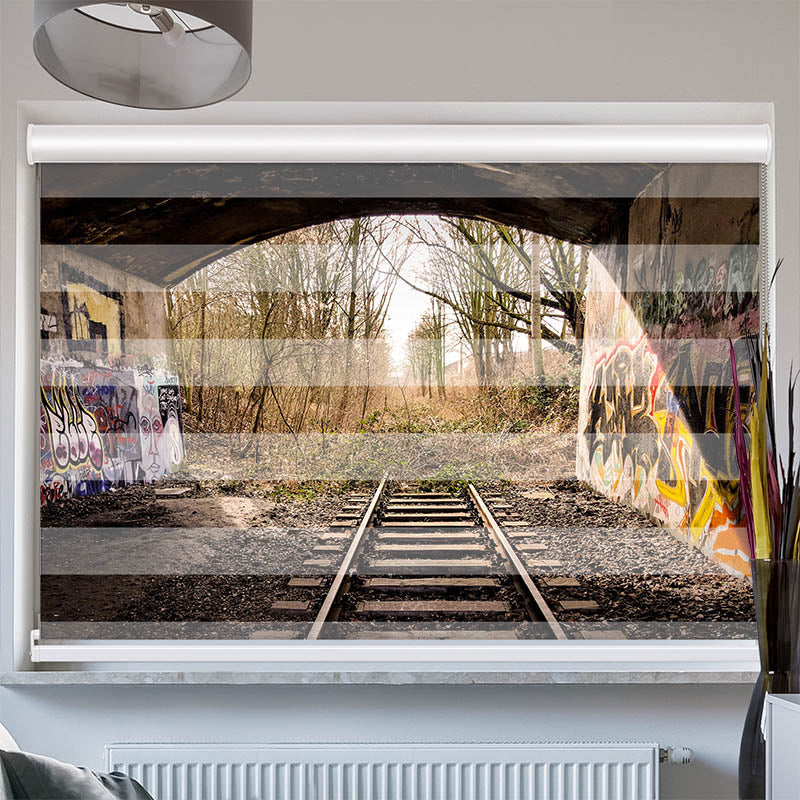 Doppelrollo mit Kassette Bahnschienen Endstation