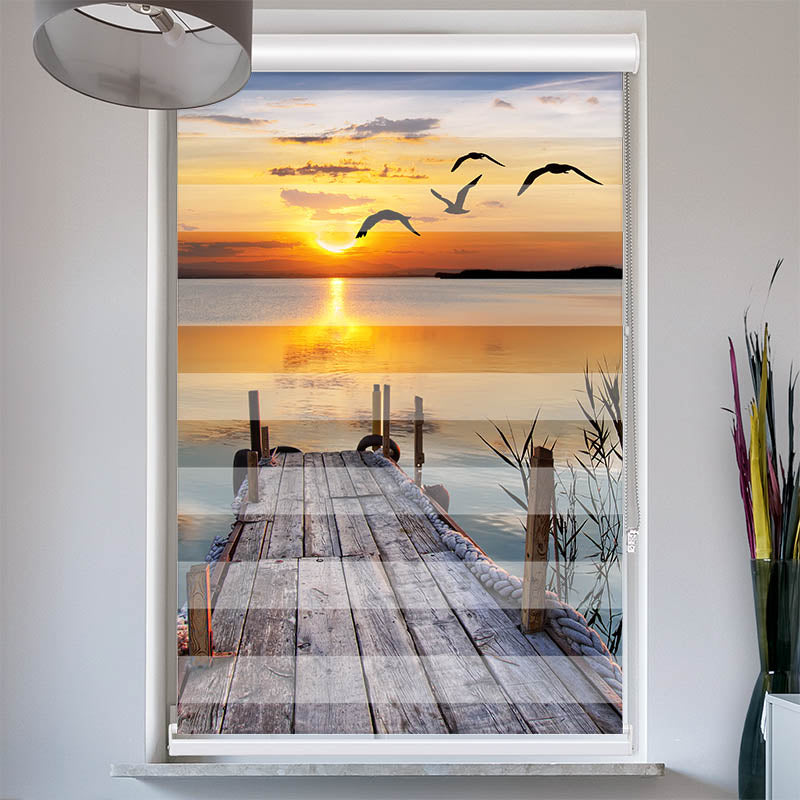 Doppelrollo mit Kassette See Steg Sonnenuntergang