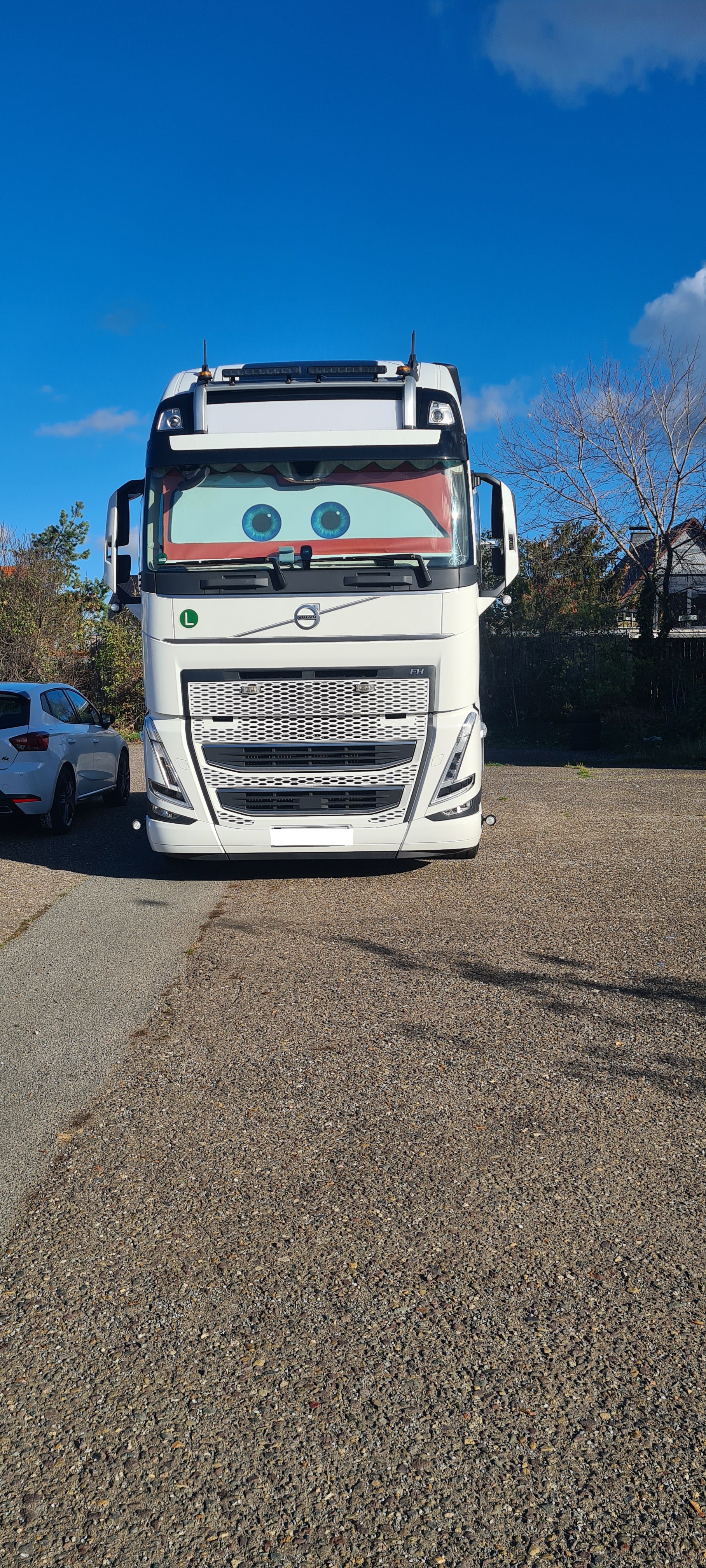 Frontscheibe eines LKW wird von Foto-Rollo mit selbst hochgeladenen Motiv verdeckt, damit der LKW-Fahrer in seiner Ruhezeit es gemütlich hat und vor Blicken geschützt ist