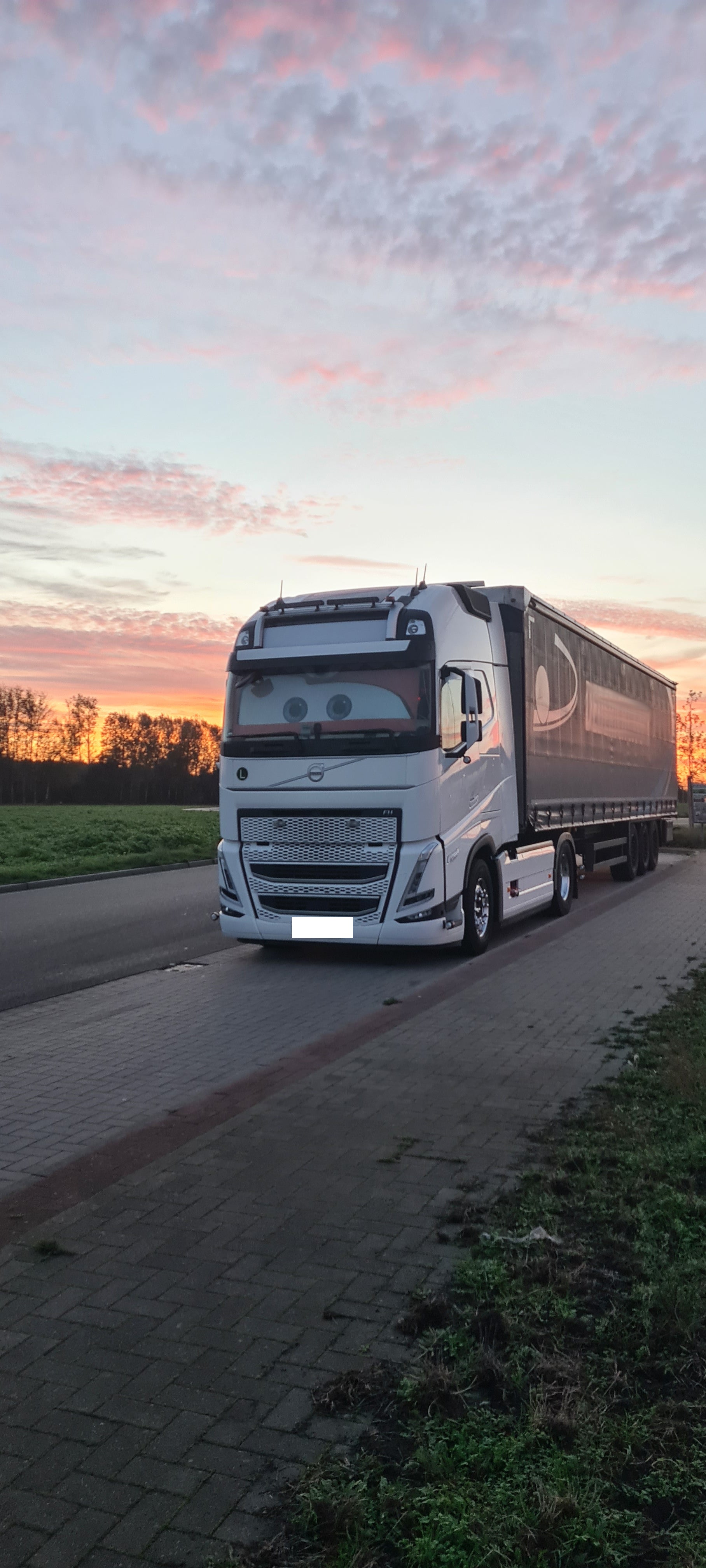 Frontscheibe eines LKW wird von Foto-Rollo mit selbst hochgeladenen Motiv verdeckt, damit der LKW-Fahrer in seiner Ruhezeit es gemütlich hat und vor Blicken geschützt ist