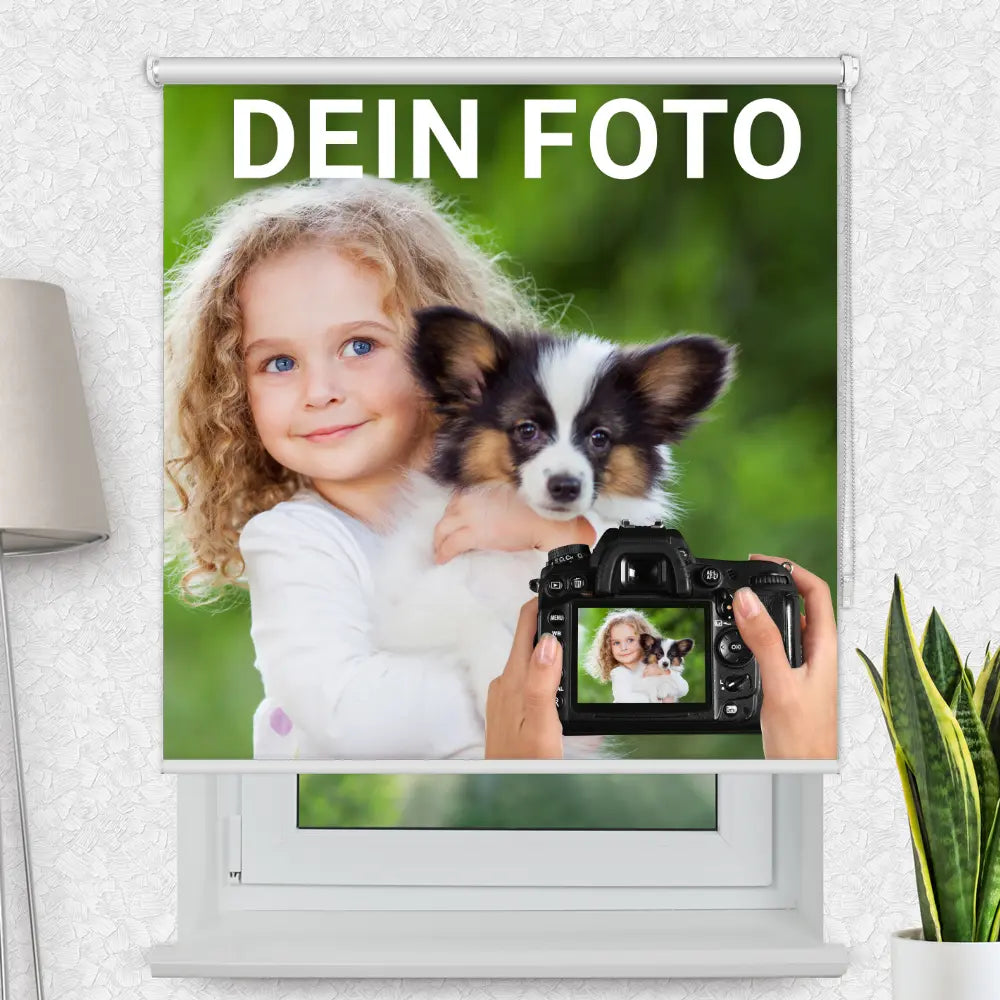 Fotorollo am Fenster mit einem eigenen Motiv bedruckt