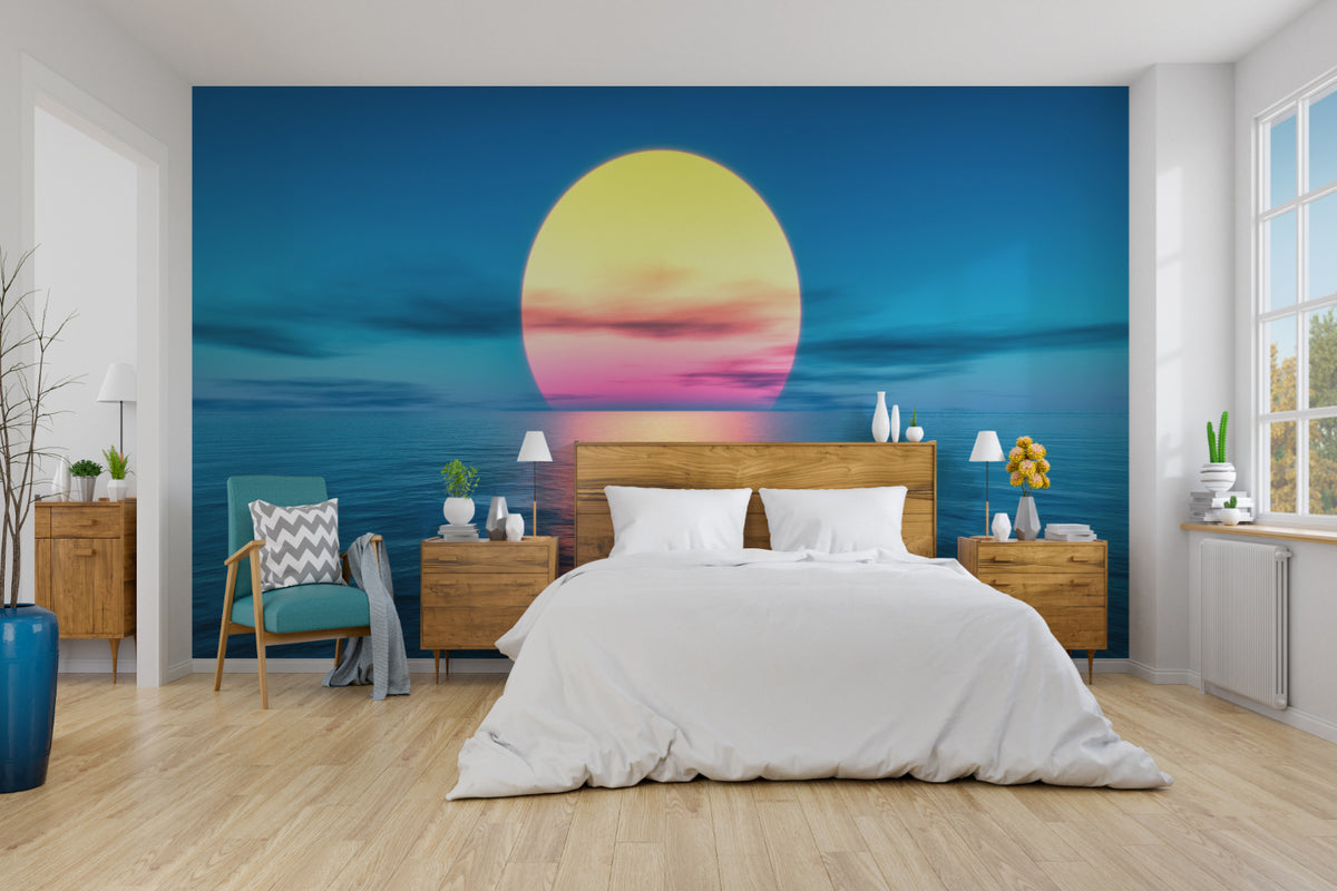 bedruckte Fototapete im Schlafzimmer mit Motiv Sonnenuntergang am Meer