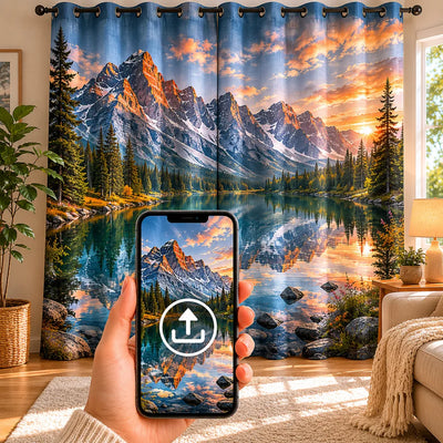 vorhang mit bergmotiv und smartphone zum upload des bildes
