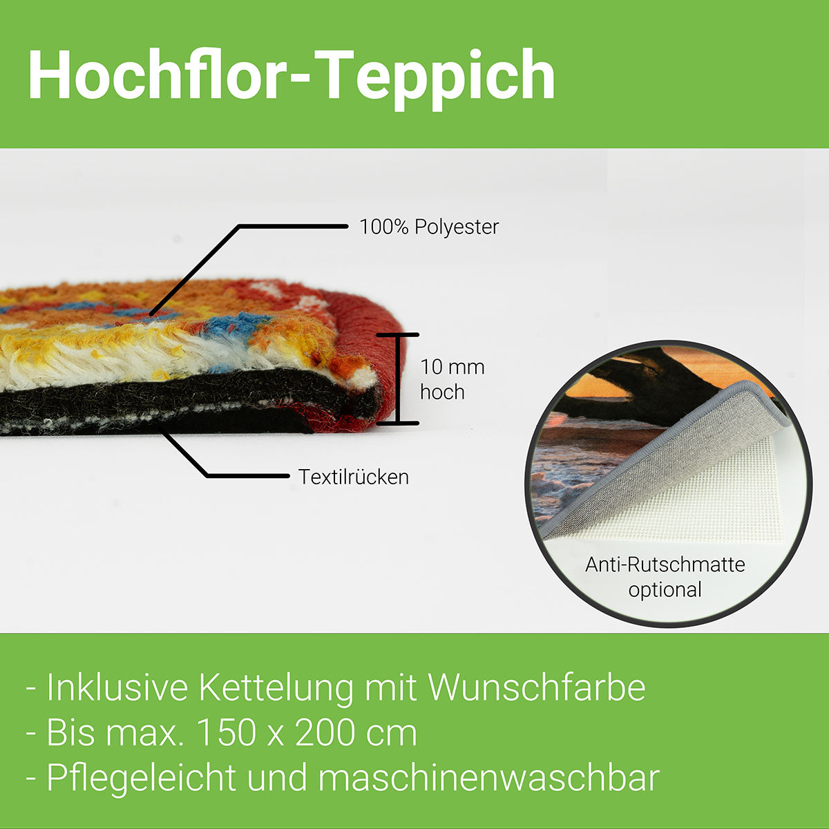 Querschnitt des Hochflor Teppichs mit Eigenschaften