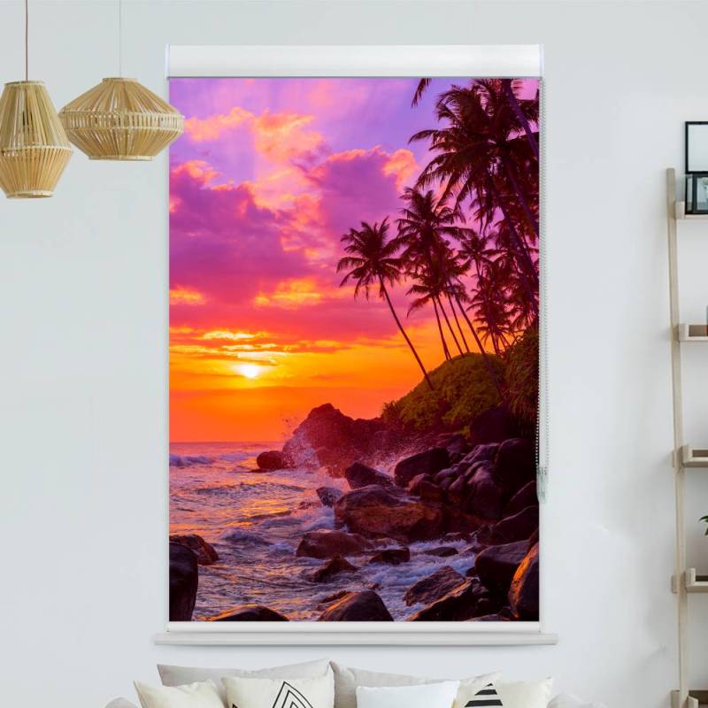 Kassettenrollo Motiv Sonnenuntergang Palmen Strand