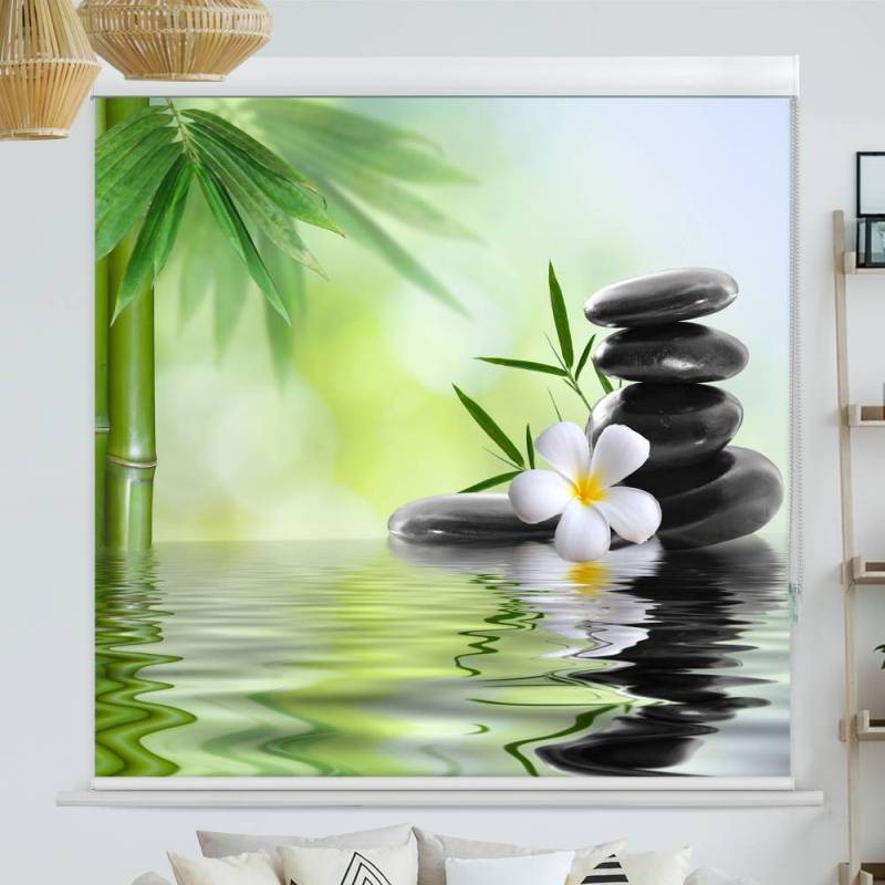 Kassettenrollo Motiv 'Frangipani Bambus Steine'