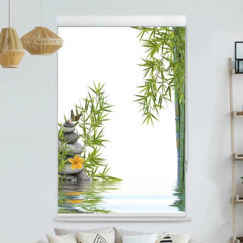 Kassettenrollo Motiv Bambus Schmetterling Steine