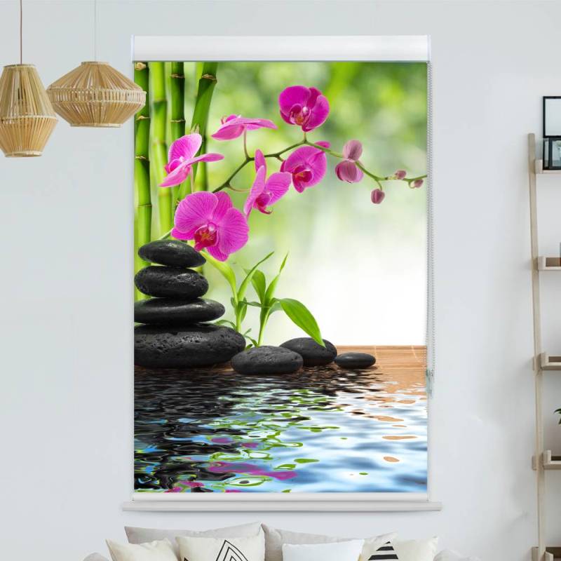 Kassettenrollo Motiv Schwarze Steine Orchidee