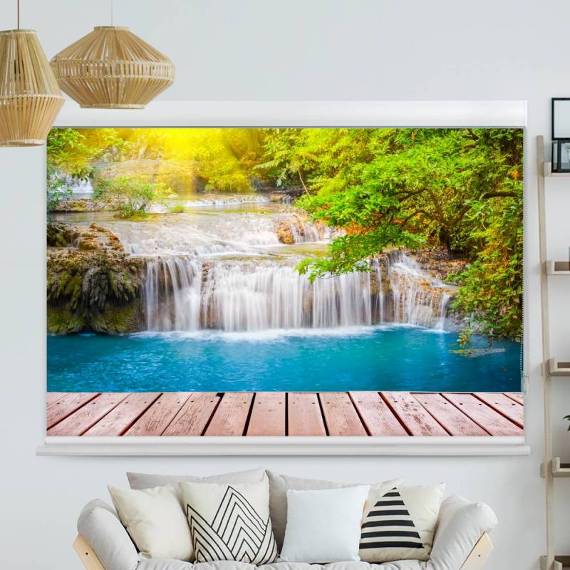 Kassettenrollo Motiv Wald Wasserfall Steg