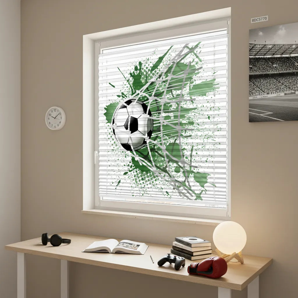 Kinderzimmer mit Plissee am Fenster auf dem ein Fussballmotiv gedruckt ist