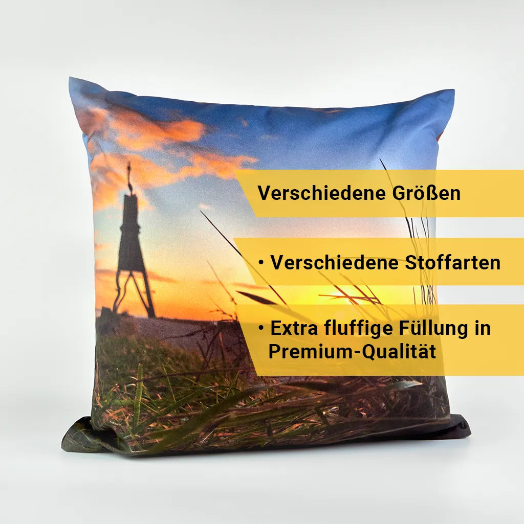 Bedrucktes Kissen mit Aufzählung der Vorteile