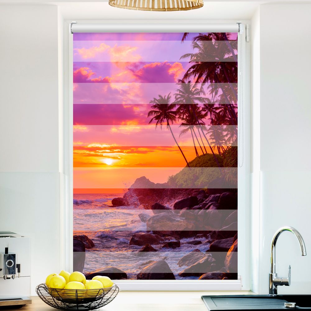 Klemm Doppelrollo "Sonnenuntergang Palmen Strand" - ohne Bohren - Klemmfix - bis 150 cm Breite - Duo Rollo Fotodruck - La-Melle