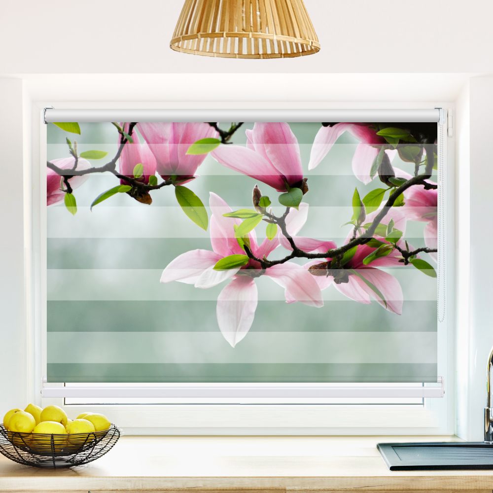 Klemm Doppelrollo "Magnolia Blueten" - ohne Bohren - Klemmfix - bis 150 cm Breite - Duo Rollo Fotodruck - La-Melle