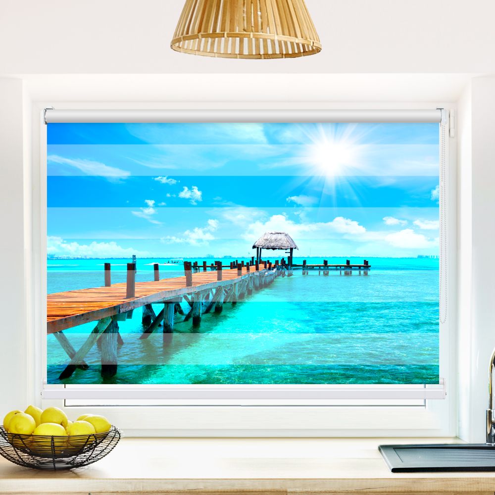 Klemm Doppelrollo "Tropical Beach Resort" - ohne Bohren - Klemmfix - bis 150 cm Breite - Duo Rollo Fotodruck - La-Melle
