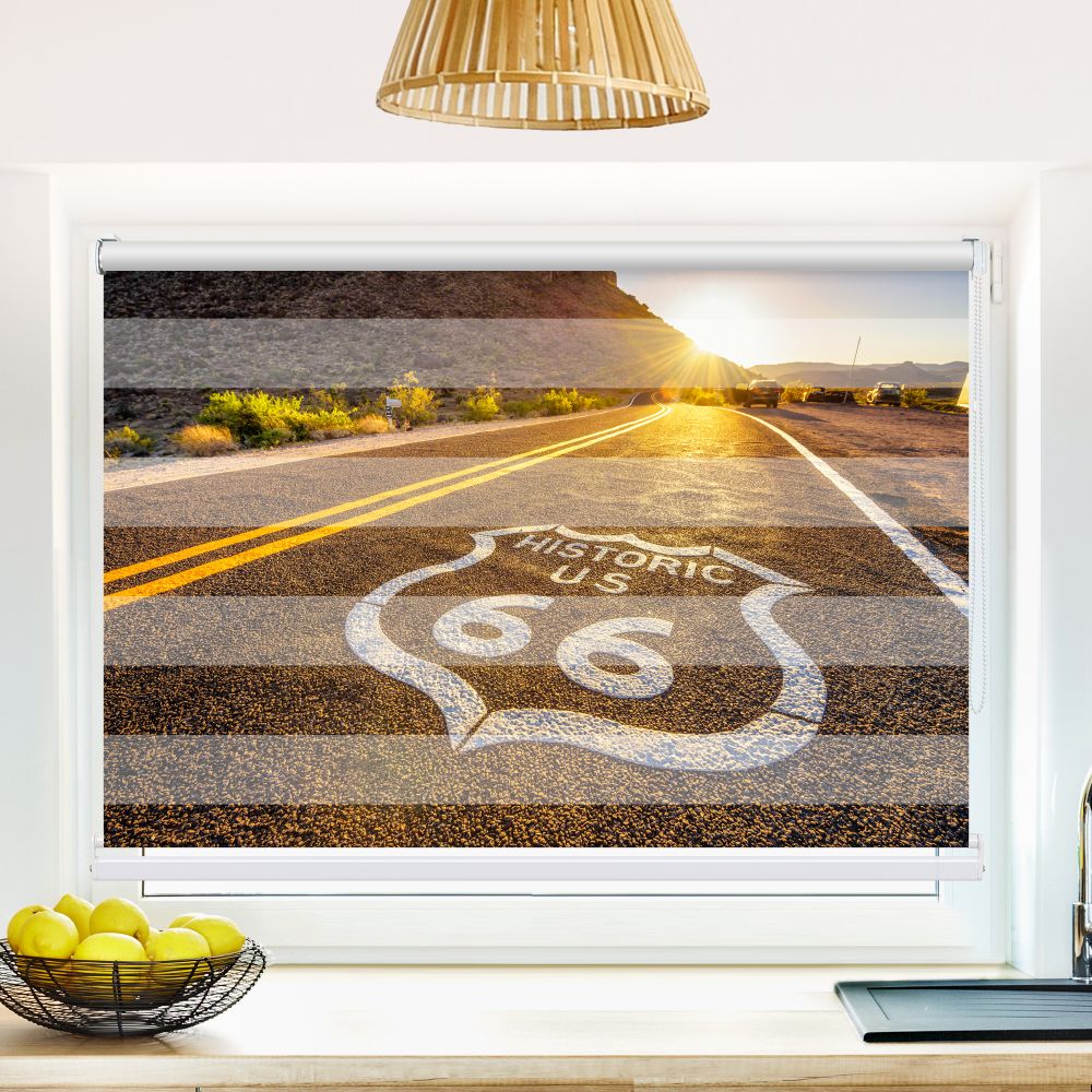 Klemm Doppelrollo "Route 66 Sonnenuntergang" - ohne Bohren - Klemmfix - bis 150 cm Breite - Duo Rollo Fotodruck - La-Melle