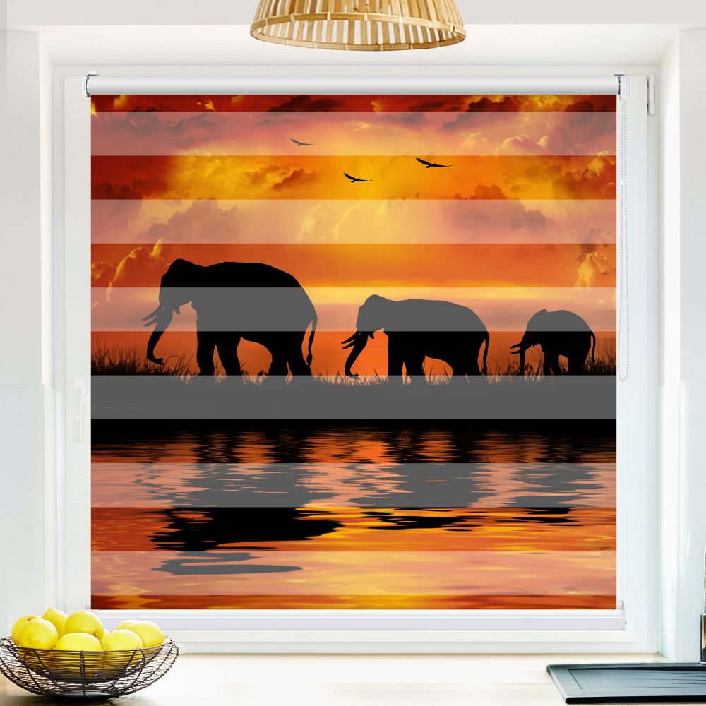 Klemm Doppelrollo "Elefantenherde" - ohne Bohren - Klemmfix - bis 150 cm Breite - Duo Rollo Fotodruck - La-Melle