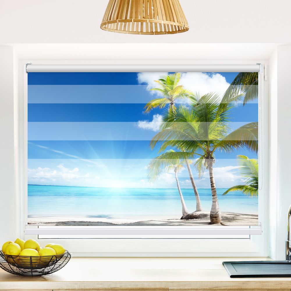 Klemm Doppelrollo "Palmen Strand Sonne" - ohne Bohren - Klemmfix - bis 150 cm Breite - Duo Rollo Fotodruck - La-Melle