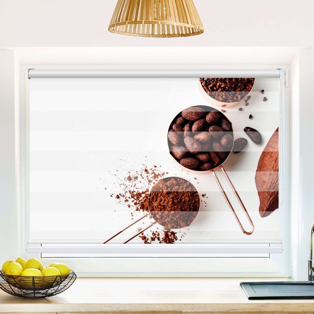 Klemm Doppelrollo "Kakaobohnen Arrangiert" - ohne Bohren - Klemmfix - bis 150 cm Breite - Duo Rollo Fotodruck - La-Melle