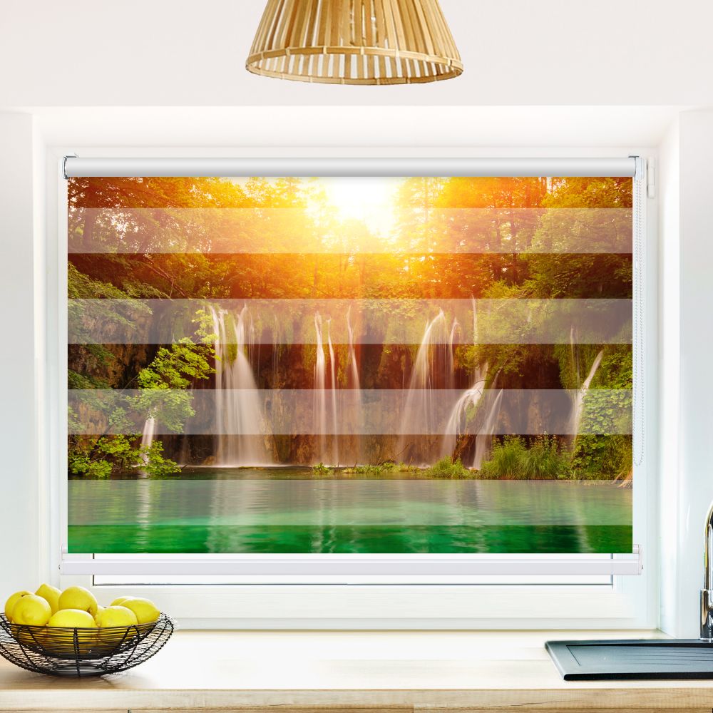 Klemm Doppelrollo "Waldsee Wasserfall" - ohne Bohren - Klemmfix - bis 150 cm Breite - Duo Rollo Fotodruck - La-Melle