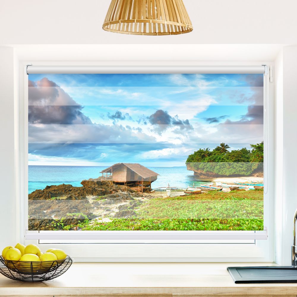 Klemm Doppelrollo "Fischerhuette Meer" - ohne Bohren - Klemmfix - bis 150 cm Breite - Duo Rollo Fotodruck - La-Melle