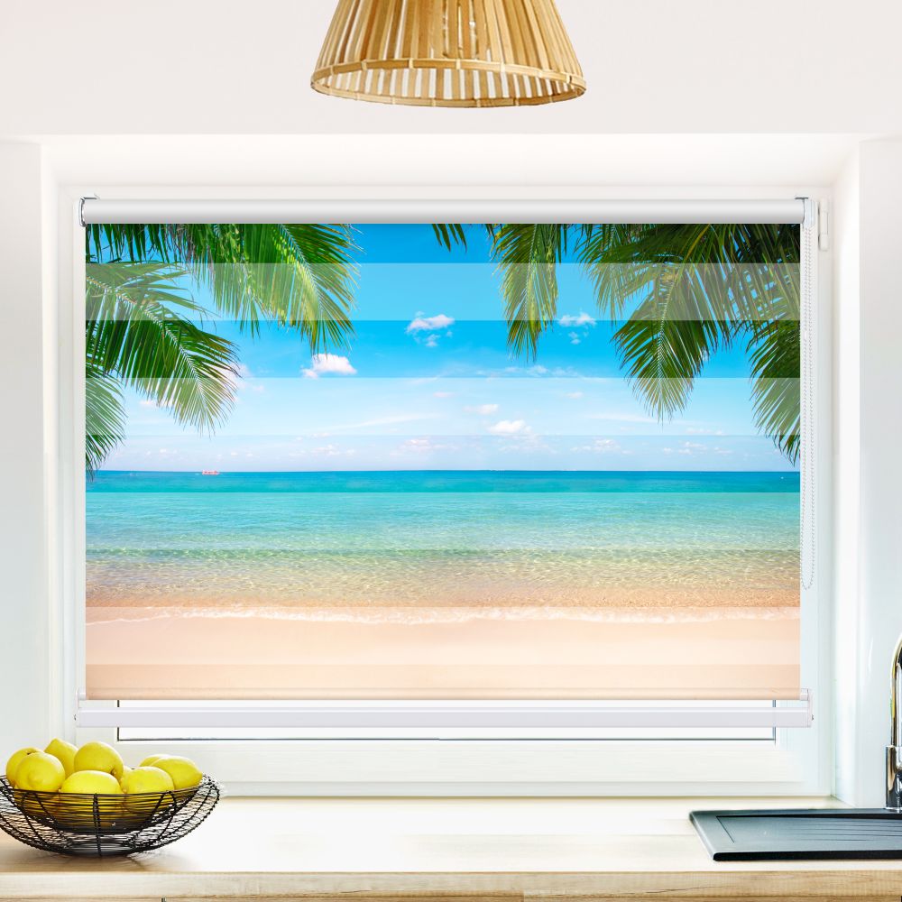 Klemm Doppelrollo "Palmenblaetter Meer" - ohne Bohren - Klemmfix - bis 150 cm Breite - Duo Rollo Fotodruck - La-Melle