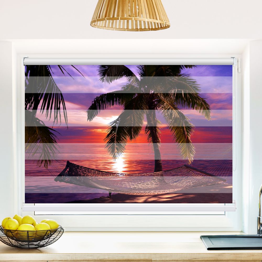 Klemm Doppelrollo "Haengematte Palmen Nacht" - ohne Bohren - Klemmfix - bis 150 cm Breite - Duo Rollo Fotodruck - La-Melle