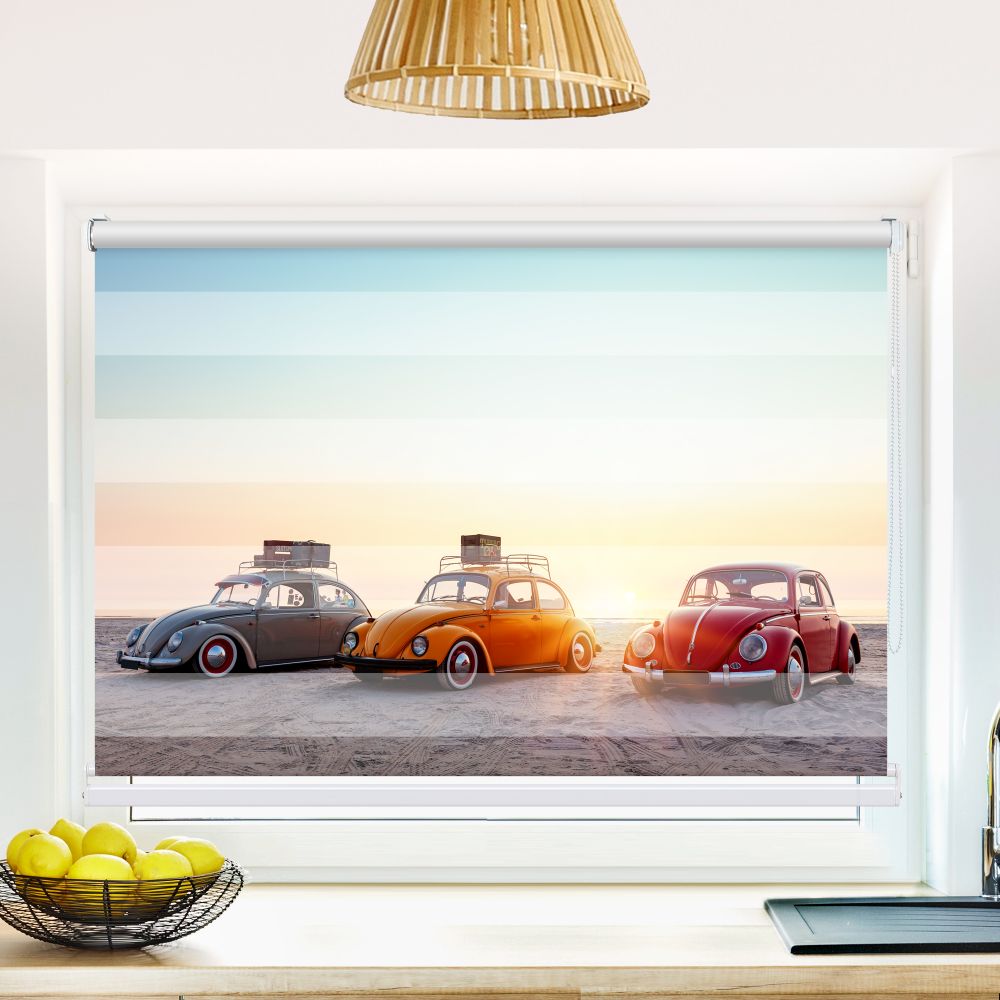 Klemm Doppelrollo "Vw Kaefer Strand" - ohne Bohren - Klemmfix - bis 150 cm Breite - Duo Rollo Fotodruck - La-Melle
