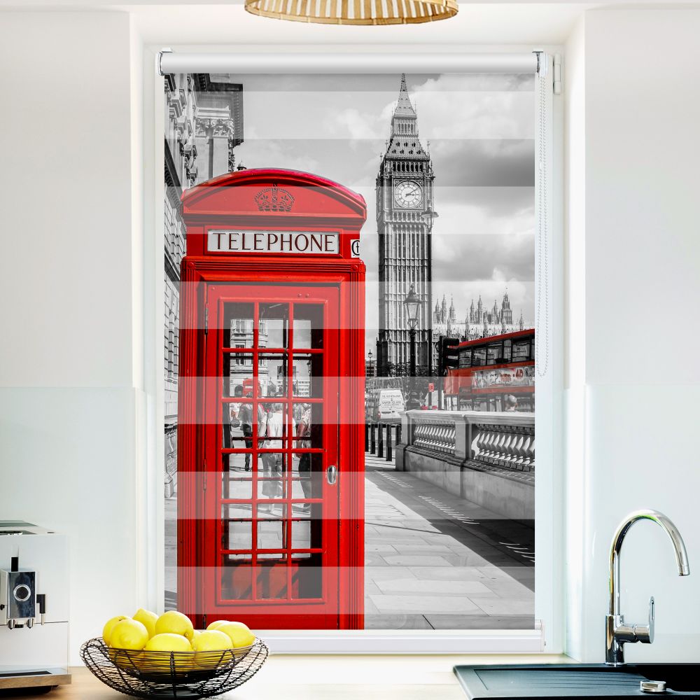 Klemm Doppelrollo "Rote Telefonzelle London" - ohne Bohren - Klemmfix - bis 150 cm Breite - Duo Rollo Fotodruck - La-Melle