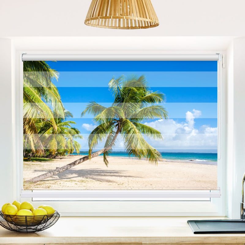 Klemm Doppelrollo "Palme Meer Urlaub" - ohne Bohren - Klemmfix - bis 150 cm Breite - Duo Rollo Fotodruck - La-Melle