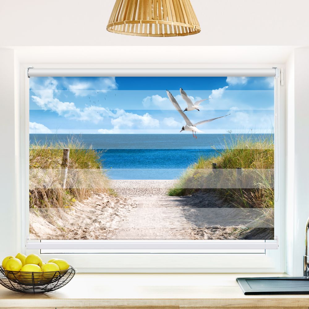 Klemm Doppelrollo "Duene Meer Moewen" - ohne Bohren - Klemmfix - bis 150 cm Breite - Duo Rollo Fotodruck - La-Melle