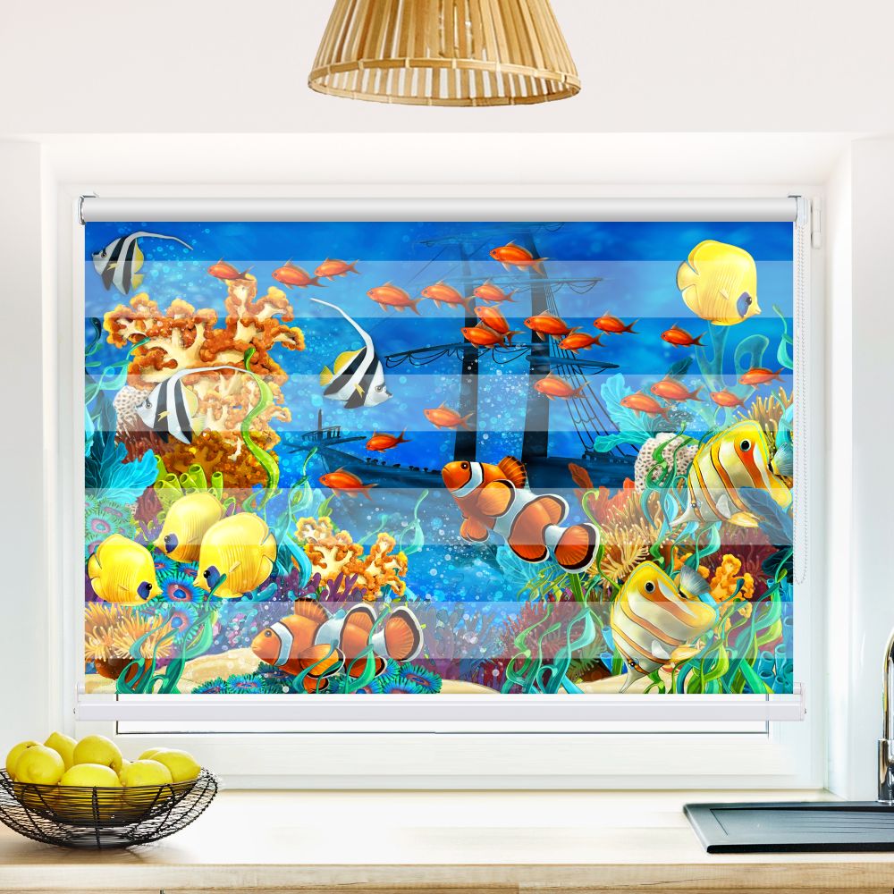 Klemm Doppelrollo "Fische Kindermotiv" - ohne Bohren - Klemmfix - bis 150 cm Breite - Duo Rollo Fotodruck - La-Melle