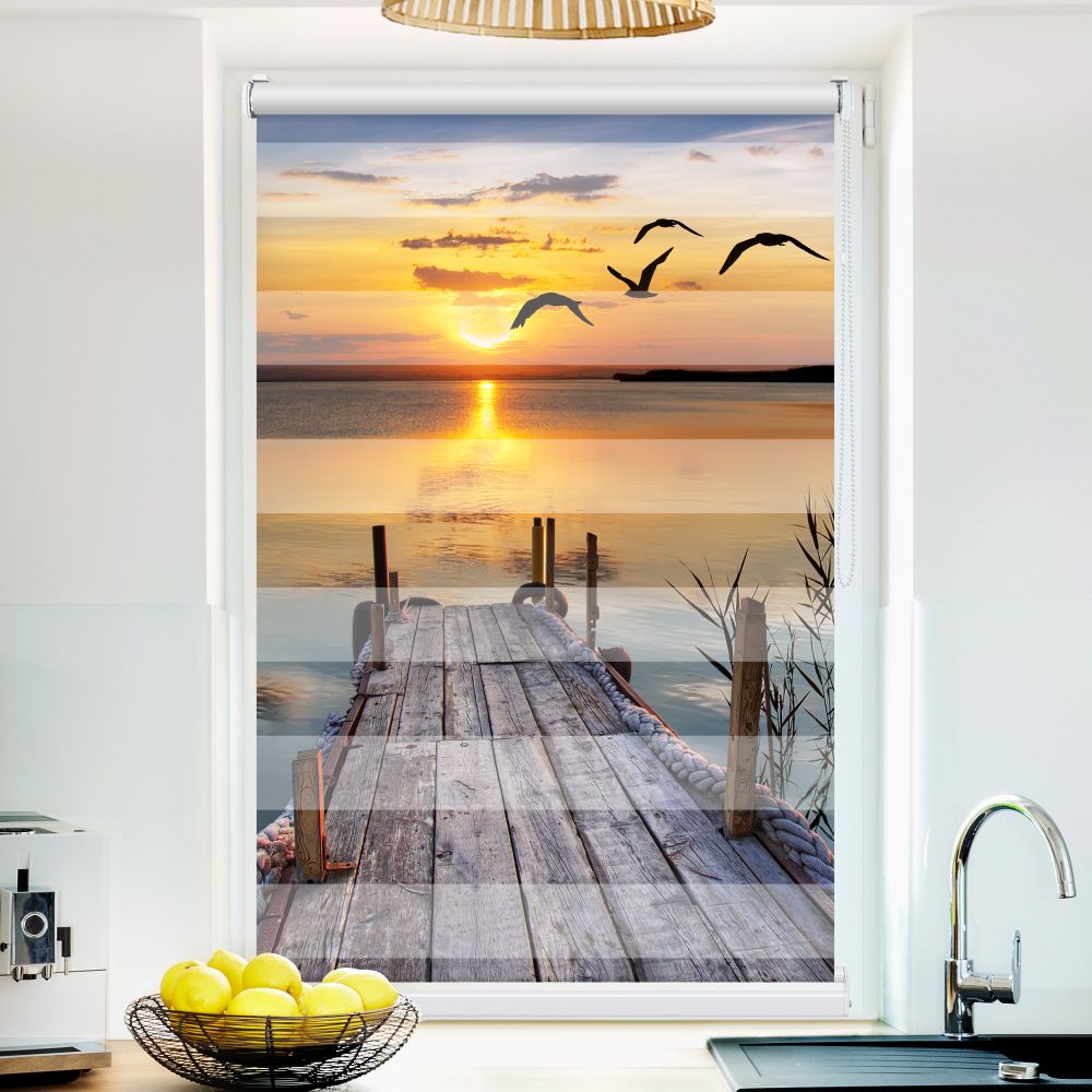 Klemm Doppelrollo "See Steg Sonnenuntergang" - ohne Bohren - Klemmfix - bis 150 cm Breite - Duo Rollo Fotodruck - La-Melle