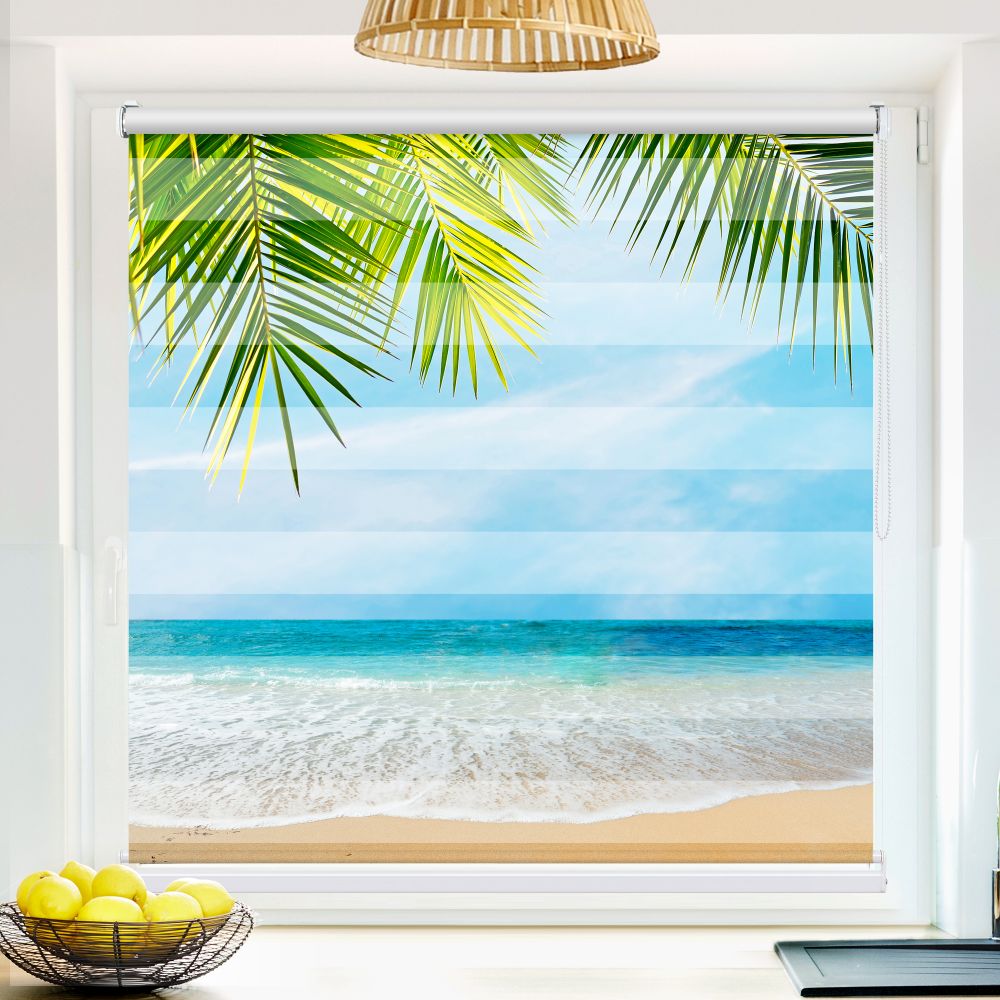 Klemm Doppelrollo "Palmenblaetter Meer" - ohne Bohren - Klemmfix - bis 150 cm Breite - Duo Rollo Fotodruck - La-Melle