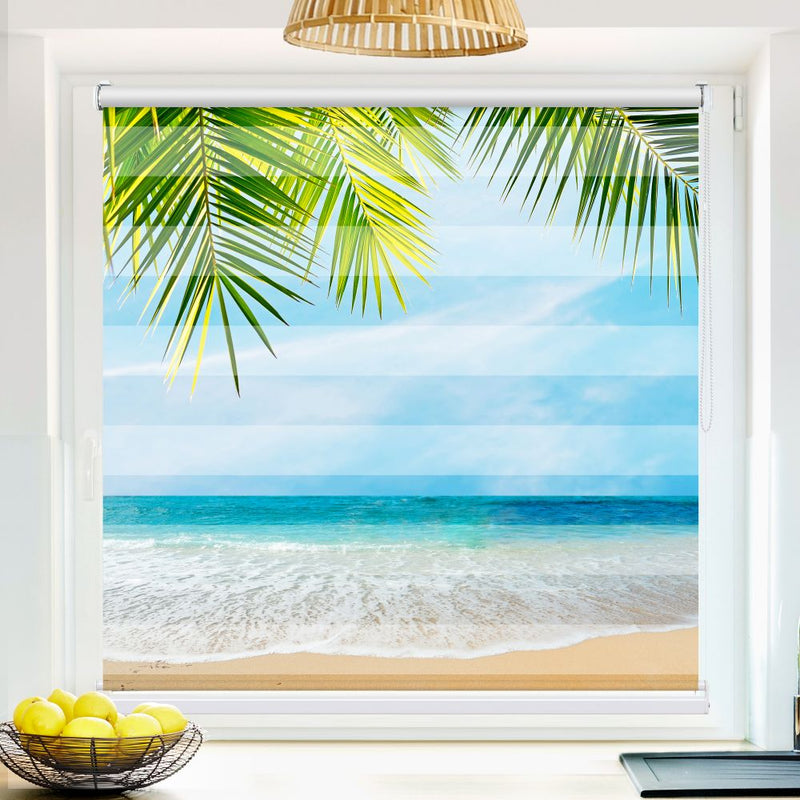 Klemm Doppelrollo "Palmenblaetter Meer" - ohne Bohren - Klemmfix - bis 150 cm Breite - Duo Rollo Fotodruck - La-Melle