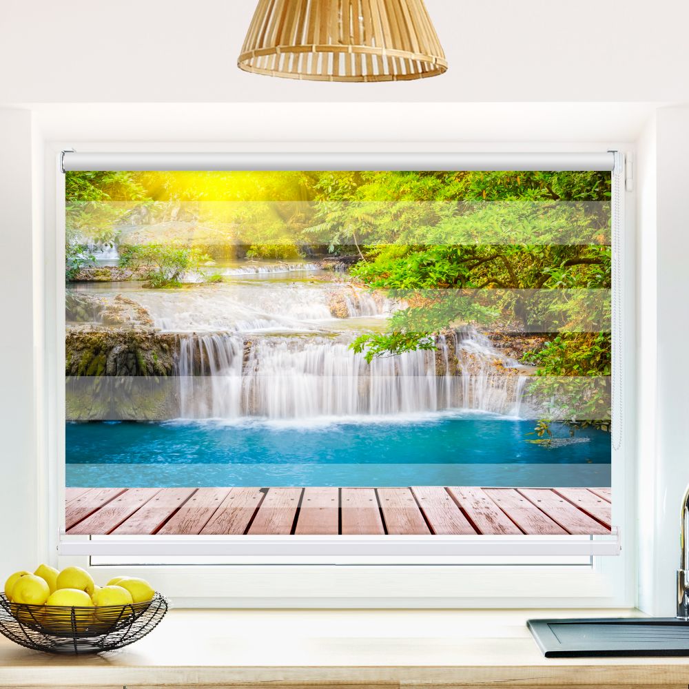 Klemm Doppelrollo "Wald Wasserfall Steg" - ohne Bohren - Klemmfix - bis 150 cm Breite - Duo Rollo Fotodruck - La-Melle