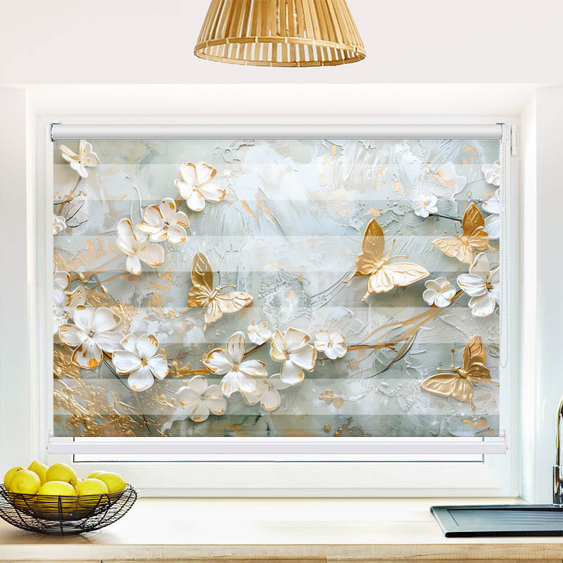 Fotorollo Blumen mit Schmetterlingen Weiss Gold