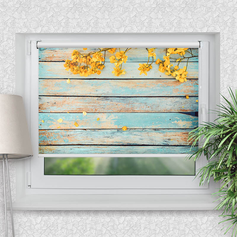 Klemmfix Rollo Gelbe Blueten auf Vintage Holz