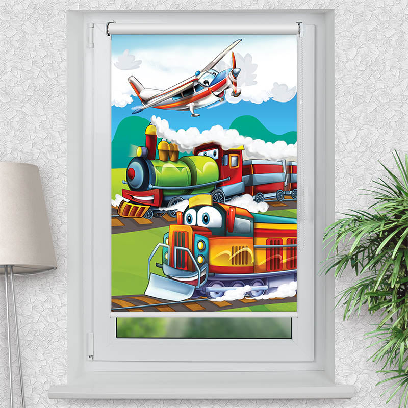 Rollo Motiv "Eisenbahn und Flugzeug" - ohne bohren - Klemmrollo bis 150 cm Breite - Klemmfix mit Fotodruck - blickdicht - La-Melle