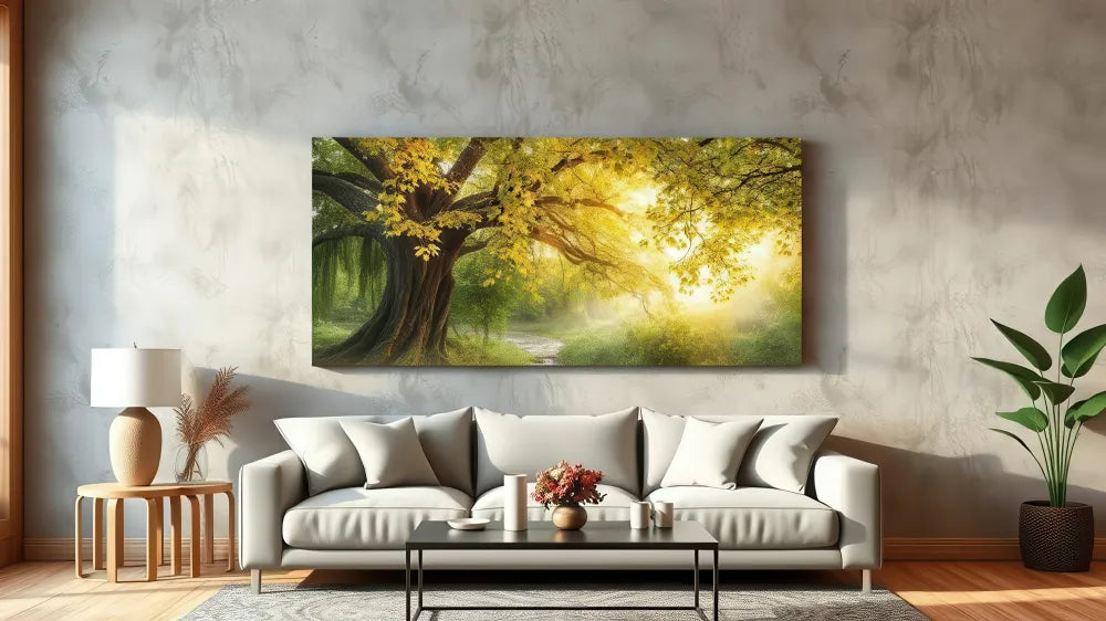 Leinwand im Wohnzimmer über der Couch mit Waldmotiv